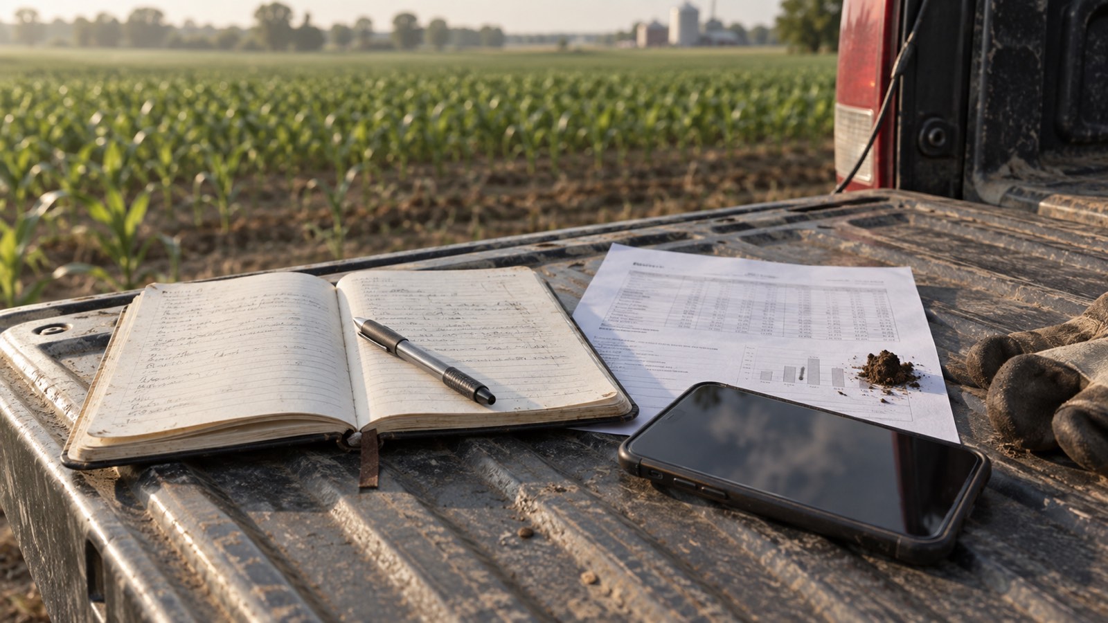 Illustration générée par IA d'un carnet de parcelle, d'un rapport d'analyse de sol et d'un téléphone sur le hayon d'un camion, près des cultures.