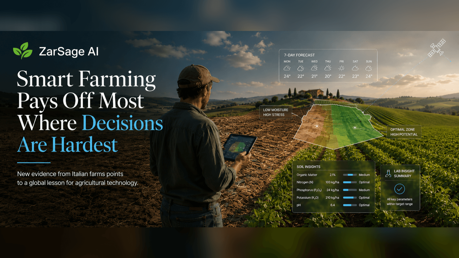 Farm fields overlaid with digital decision-support data for smart farming
