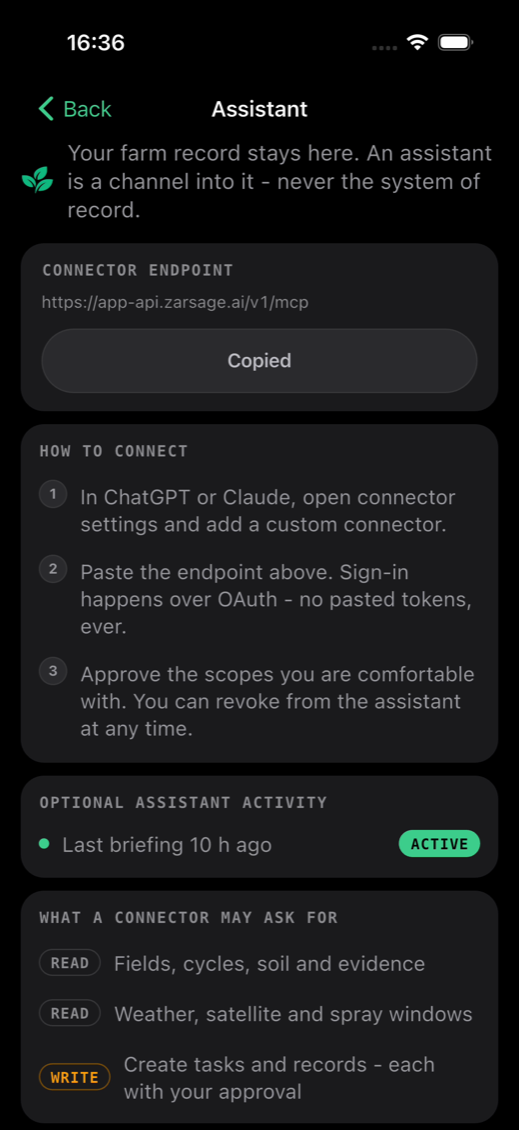 The real ZarSage Connect screen: how to connect, starting with adding a custom connector in ChatGPT or Claude.